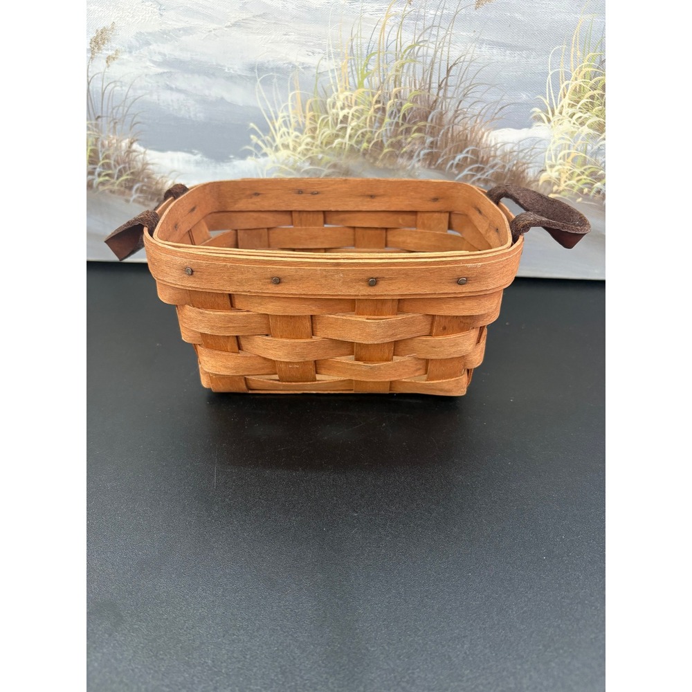 Longaberger 1989 Rectangular Woven Wood Basket with Leather Handles Dresden Ohio